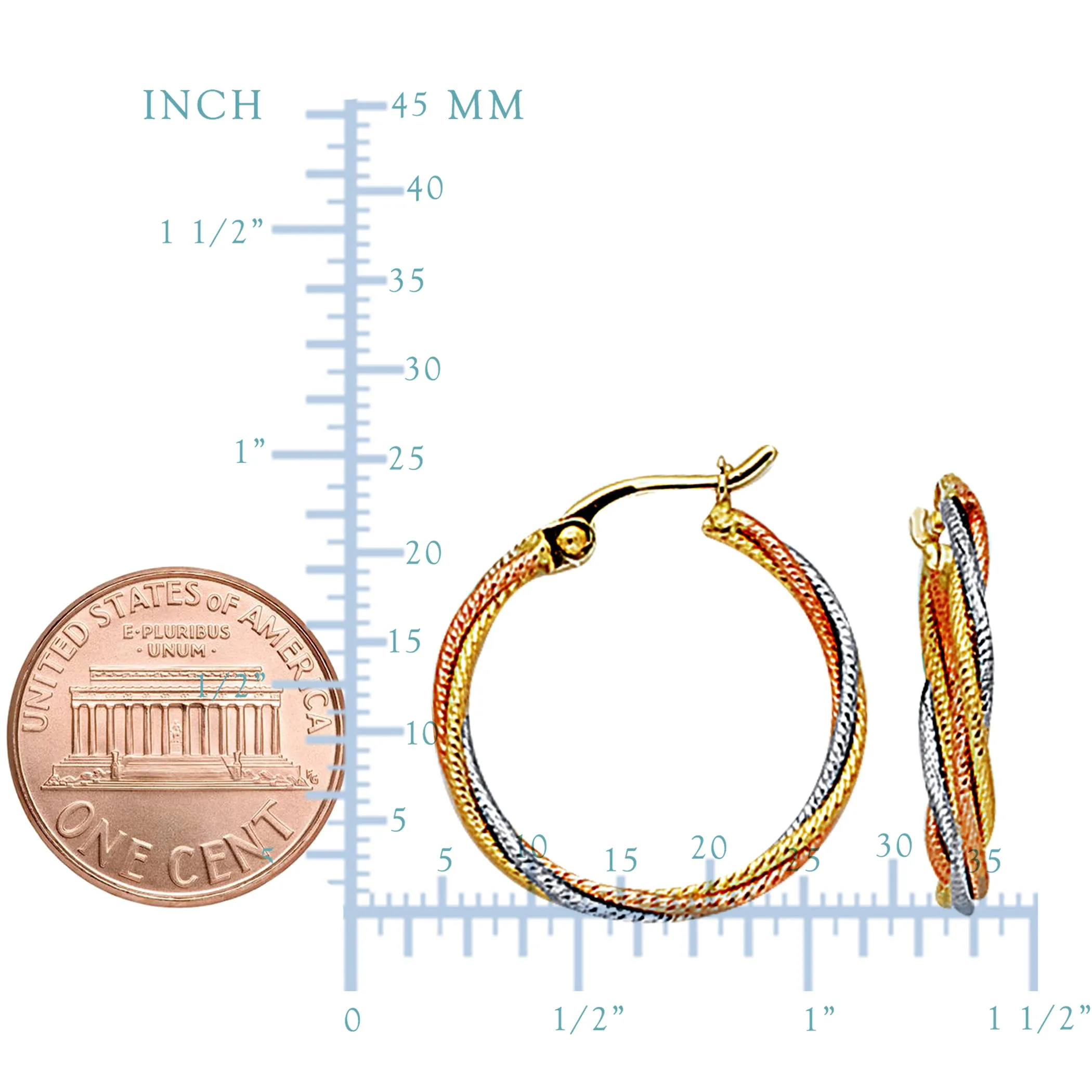 14K 3 Tone Rose Yellow And White Gold Round Braided Tube Hoop Earrings, Diameter 22mm