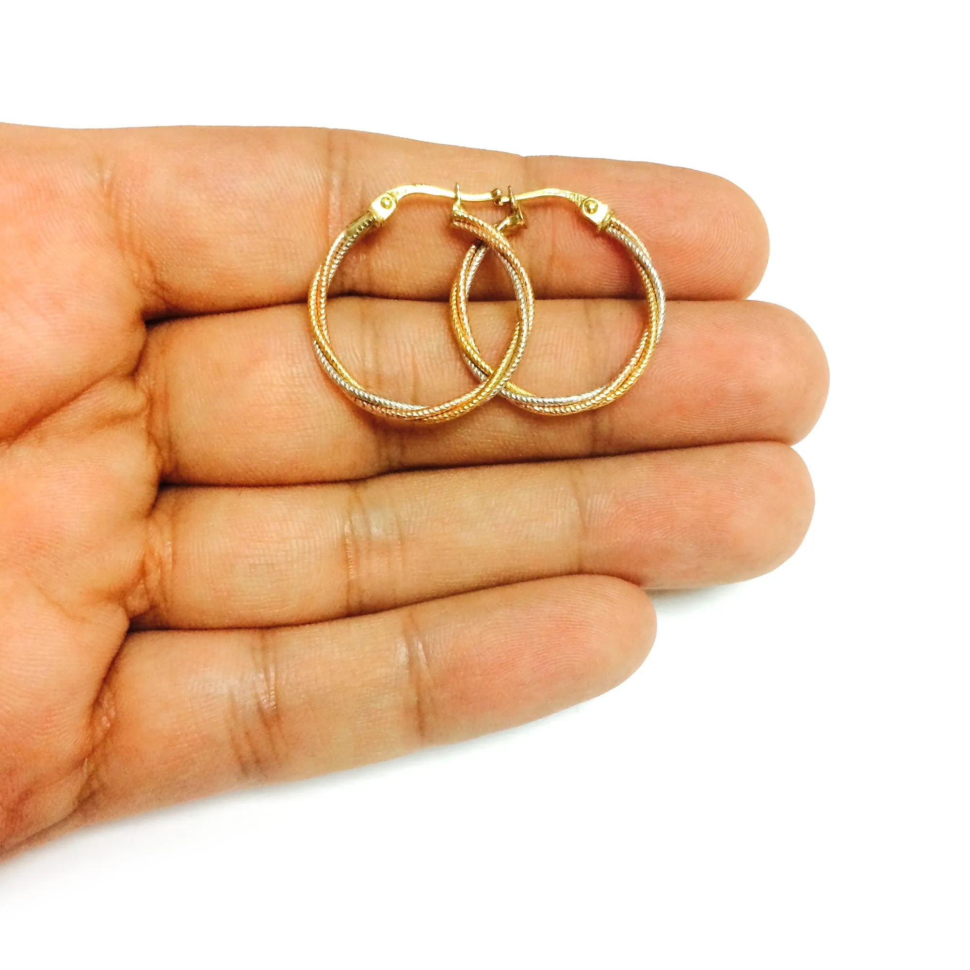 14K 3 Tone Rose Yellow And White Gold Round Braided Tube Hoop Earrings, Diameter 22mm