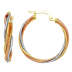14K 3 Tone Rose Yellow And White Gold Round Braided Tube Hoop Earrings, Diameter 22mm