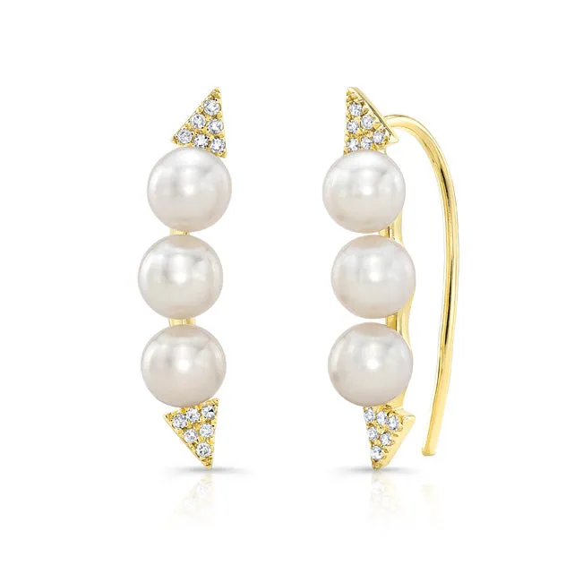 14k Gold Pearl and Diamond Ear Climbers