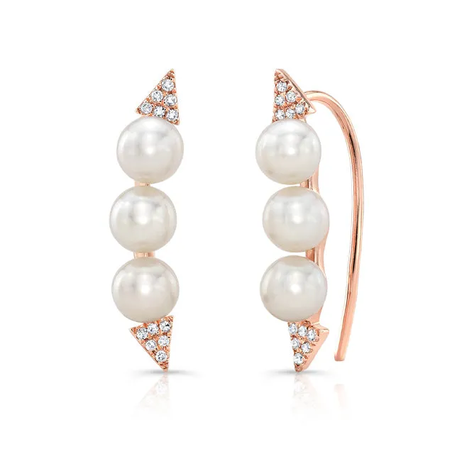 14k Gold Pearl and Diamond Ear Climbers