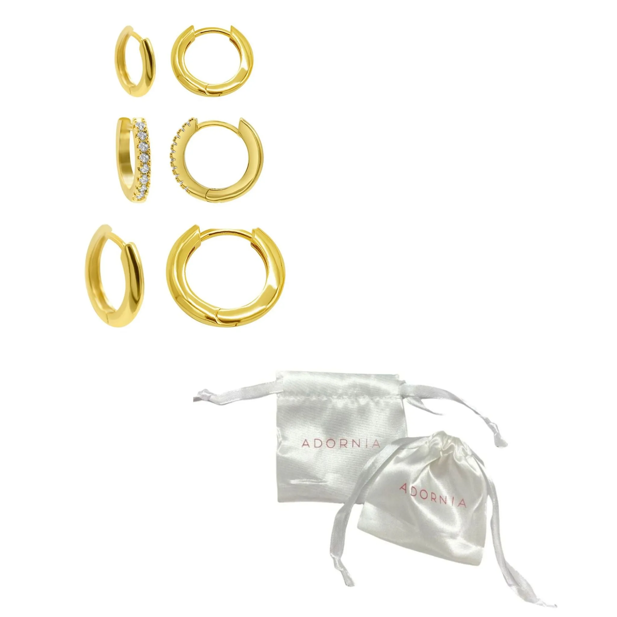 14K Gold Plated 3-Huggie Hoop Earrings Set With 1-Crystal Hoop