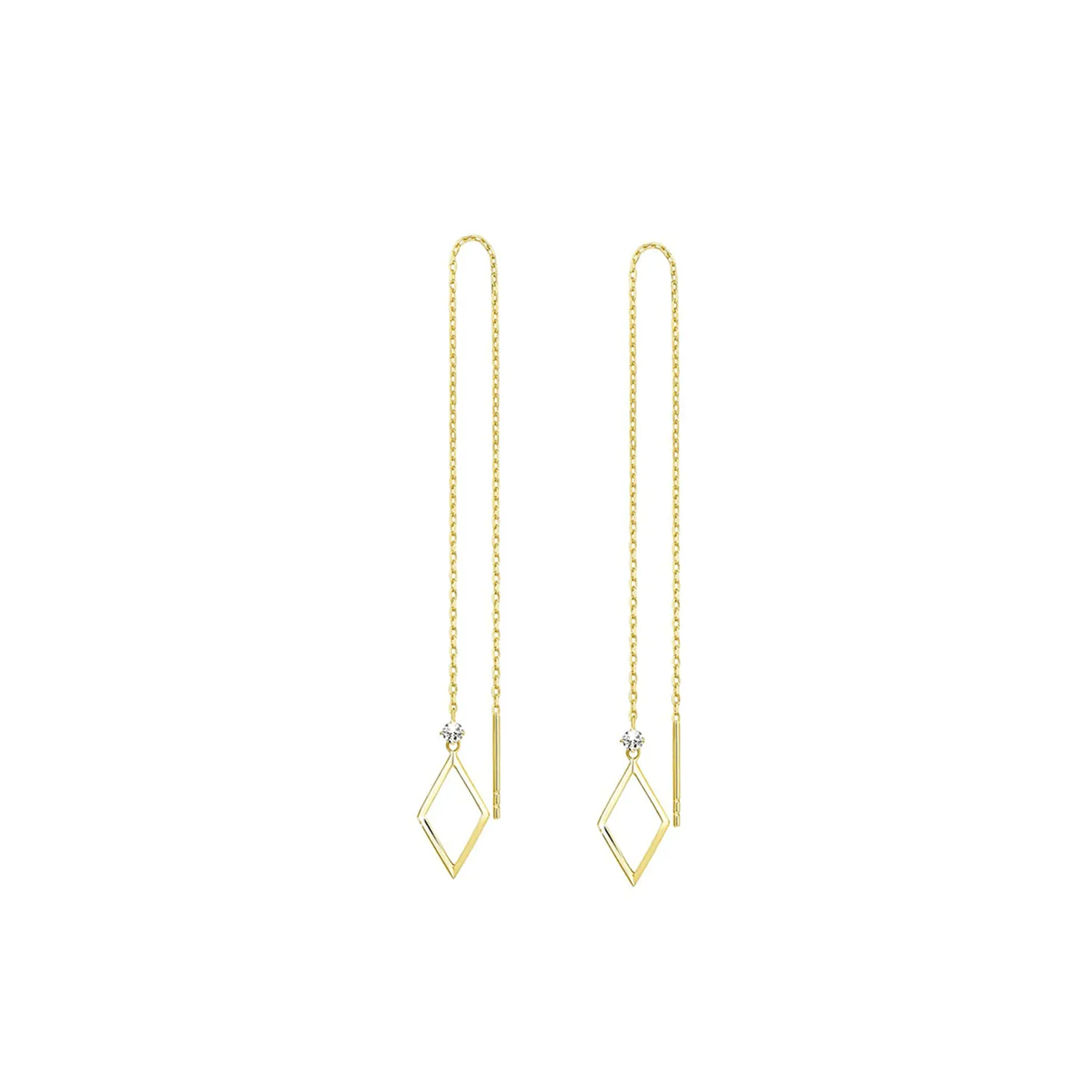 14kt Yellow Gold Threader Earrings with Round Cut Diamonds Dainty Long Drop Earrings