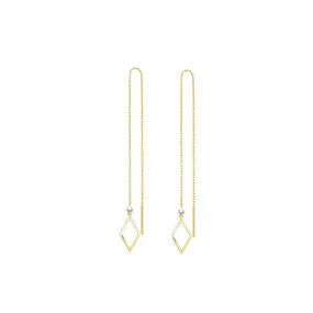 14kt Yellow Gold Threader Earrings with Round Cut Diamonds Dainty Long Drop Earrings