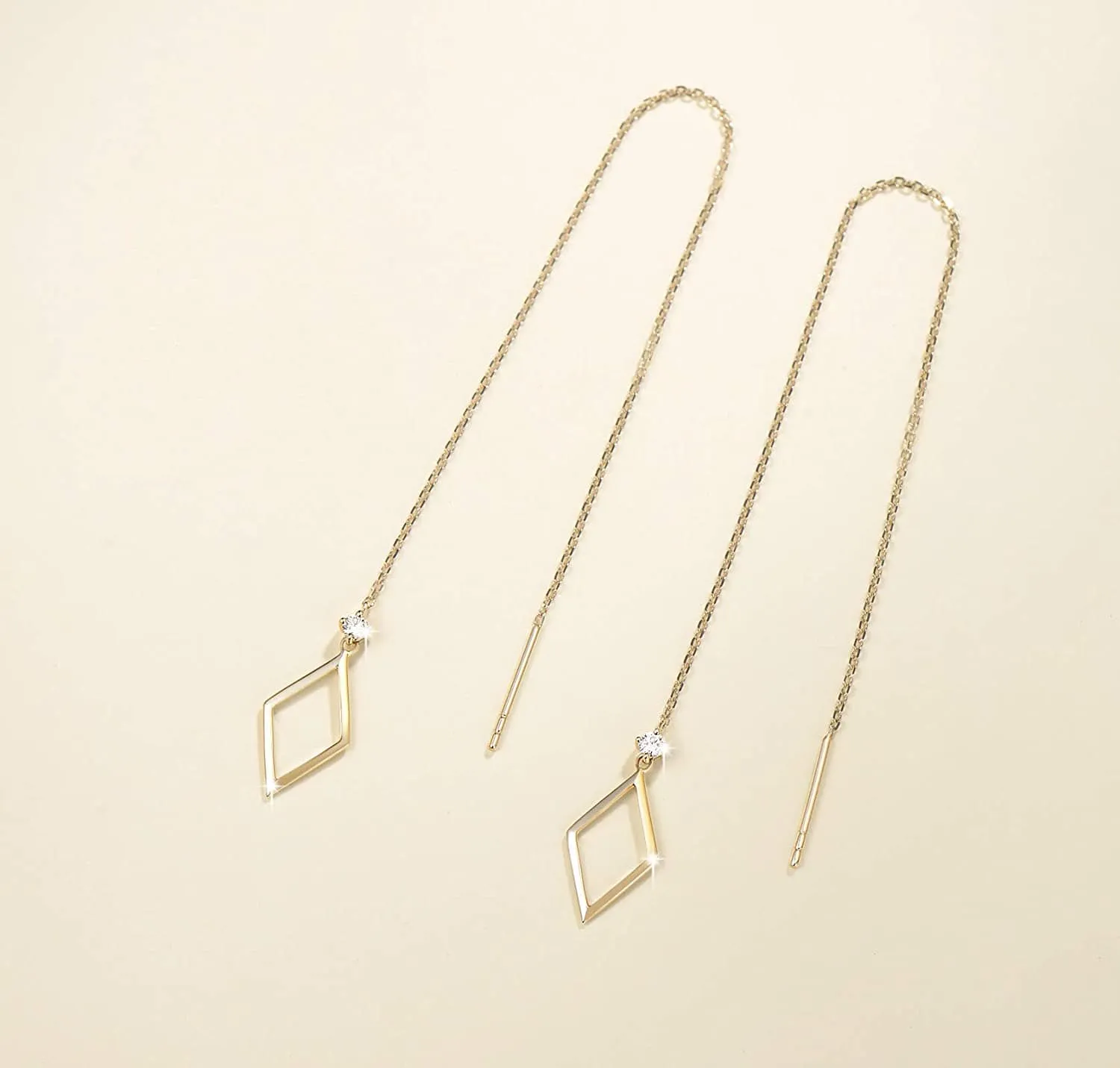 14kt Yellow Gold Threader Earrings with Round Cut Diamonds Dainty Long Drop Earrings