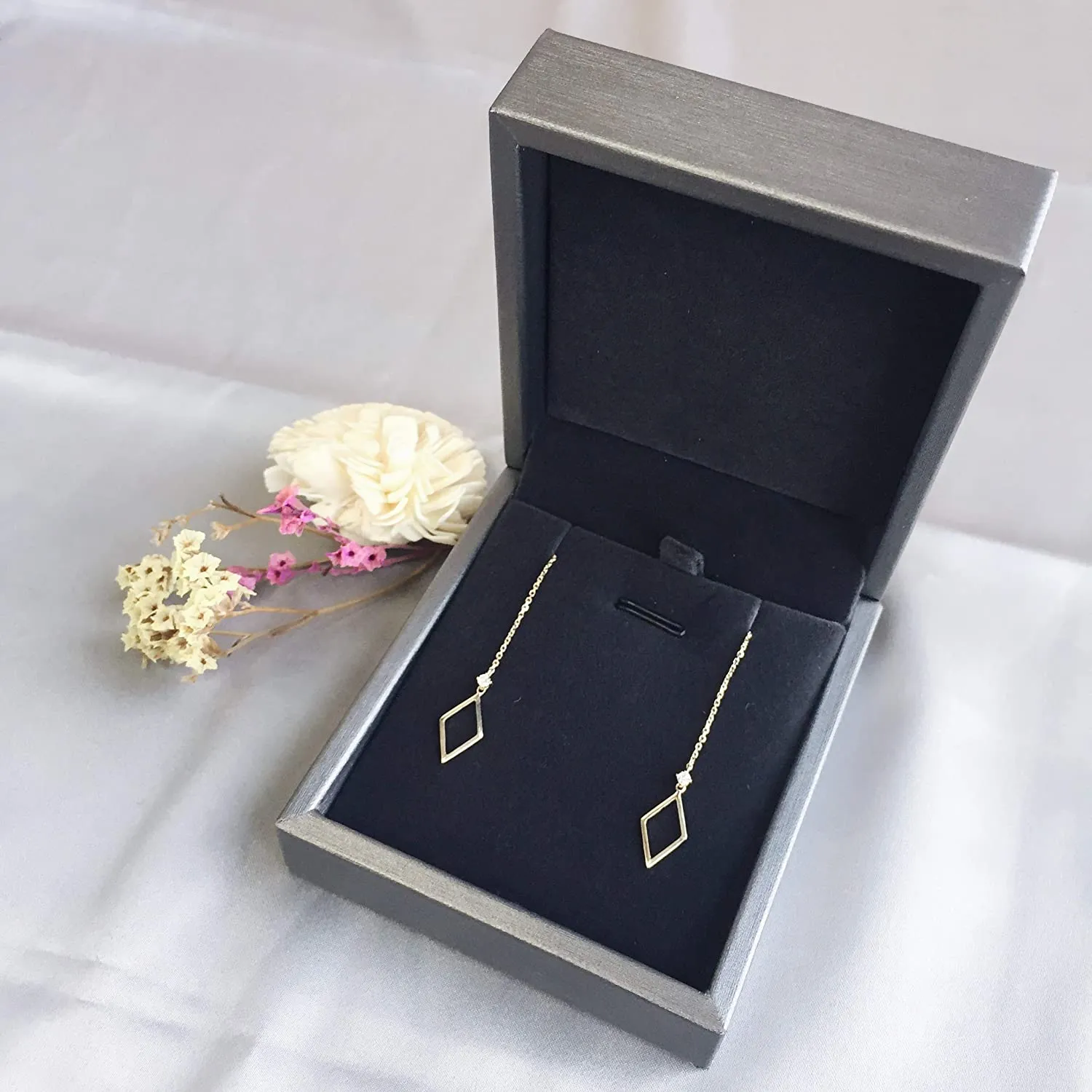 14kt Yellow Gold Threader Earrings with Round Cut Diamonds Dainty Long Drop Earrings