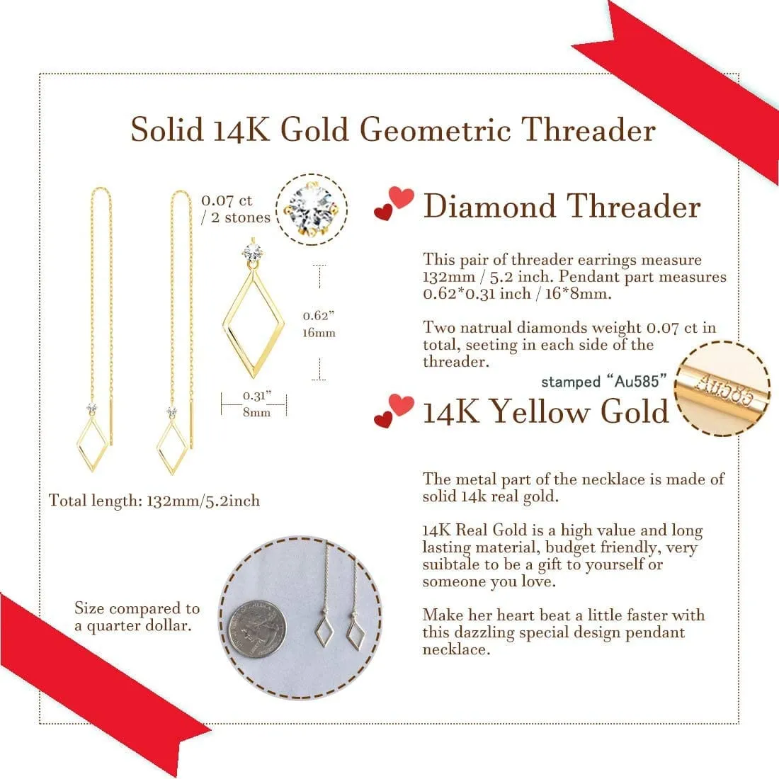 14kt Yellow Gold Threader Earrings with Round Cut Diamonds Dainty Long Drop Earrings