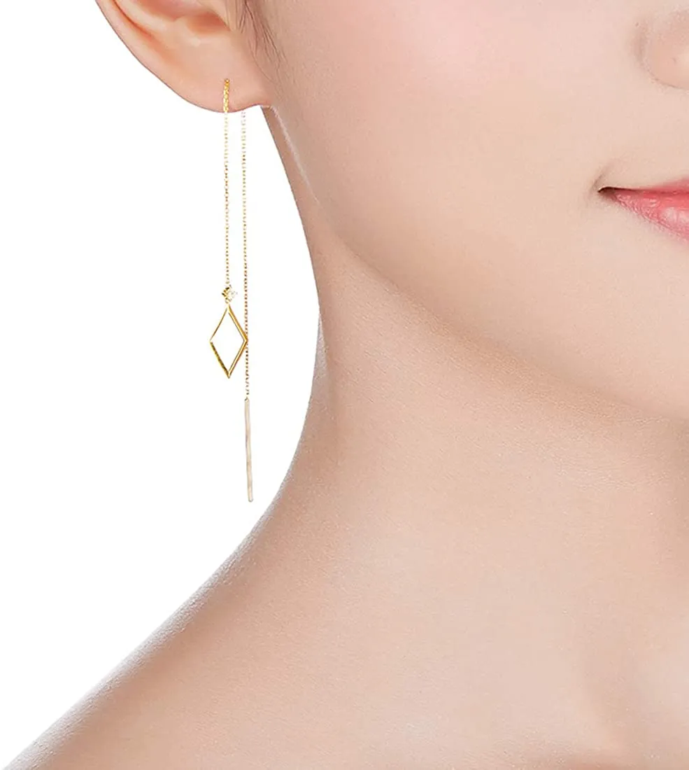 14kt Yellow Gold Threader Earrings with Round Cut Diamonds Dainty Long Drop Earrings