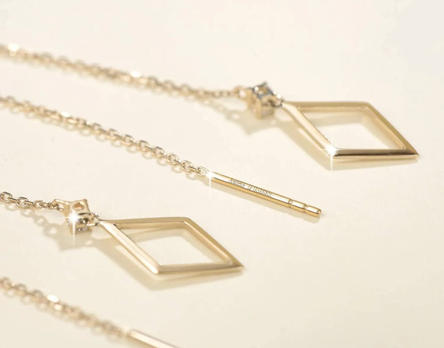 14kt Yellow Gold Threader Earrings with Round Cut Diamonds Dainty Long Drop Earrings