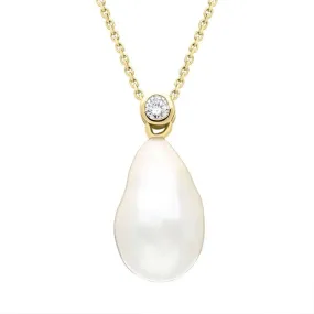 18ct Yellow Gold White Akoya Pearl Drop 0.10ct Diamond Necklace D
