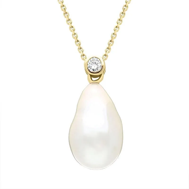 18ct Yellow Gold White Akoya Pearl Drop 0.10ct Diamond Necklace D