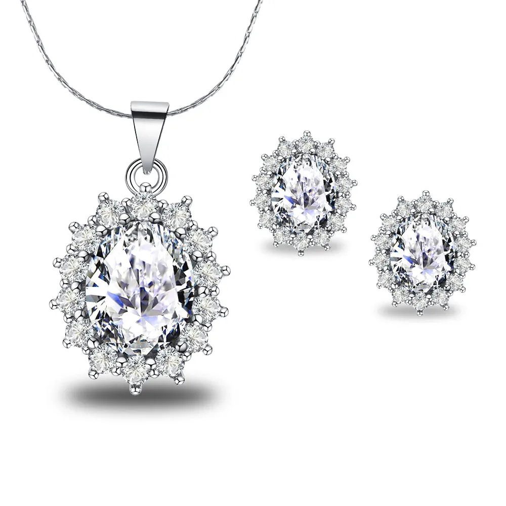 18K White Gold Created Diamond CZ Round 2 Carat Oval Necklace Plated 18 inch