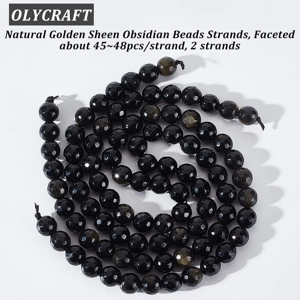 2 Strands Natural Golden Sheen Obsidian Beads Strands, Faceted, Round, 8~8.5mm, Hole: 1.2~1.4mm, about 45~48pcs/strand, 14.65''~15.08''(37.2~38.3cm)