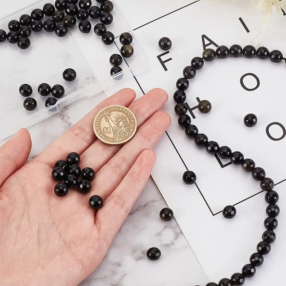 2 Strands Natural Golden Sheen Obsidian Beads Strands, Faceted, Round, 8~8.5mm, Hole: 1.2~1.4mm, about 45~48pcs/strand, 14.65''~15.08''(37.2~38.3cm)