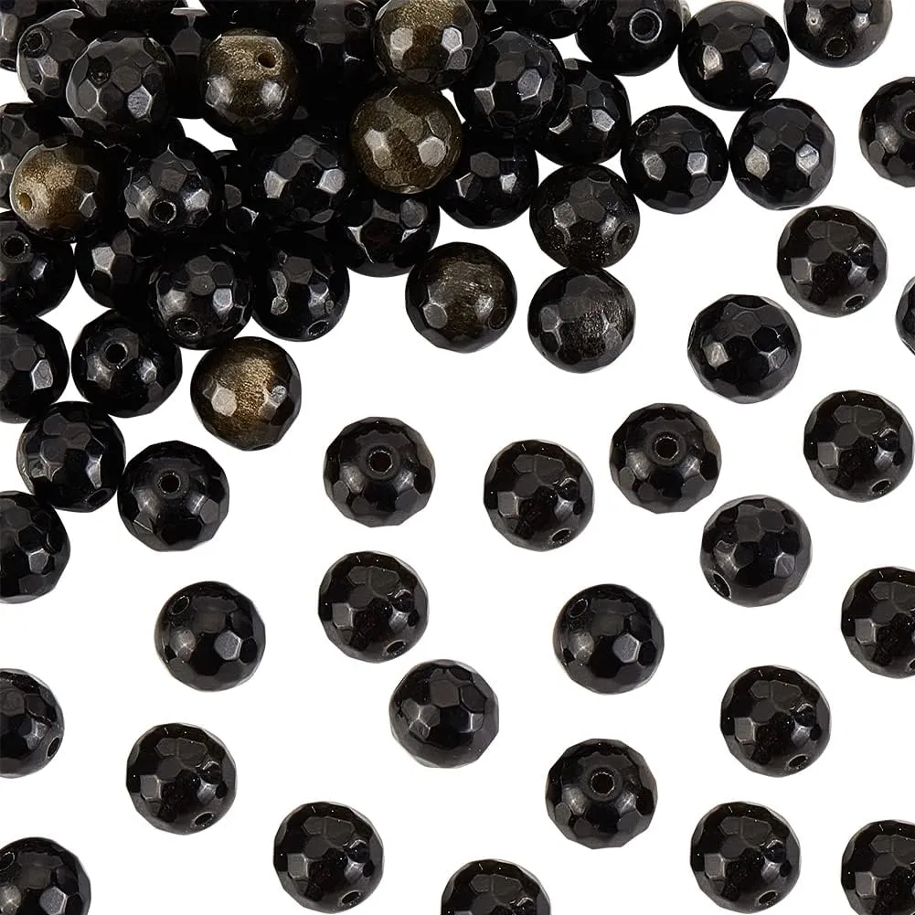 2 Strands Natural Golden Sheen Obsidian Beads Strands, Faceted, Round, 8~8.5mm, Hole: 1.2~1.4mm, about 45~48pcs/strand, 14.65''~15.08''(37.2~38.3cm)