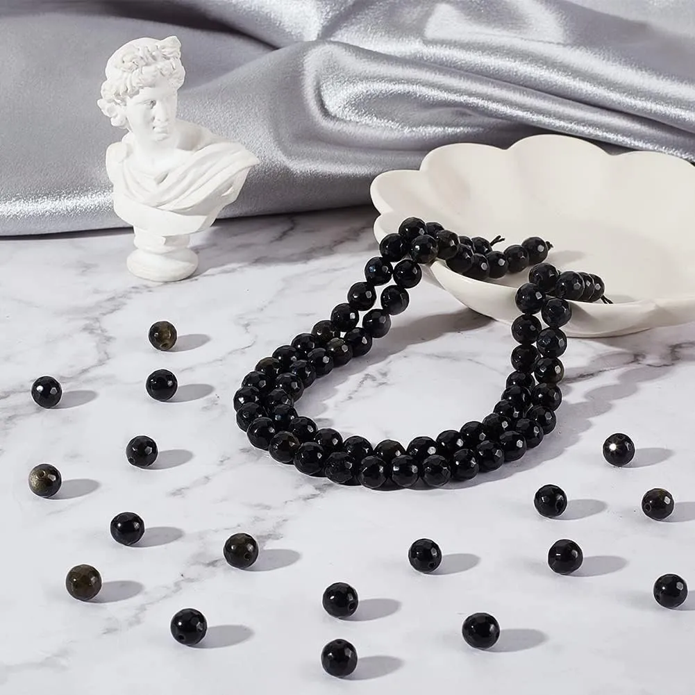 2 Strands Natural Golden Sheen Obsidian Beads Strands, Faceted, Round, 8~8.5mm, Hole: 1.2~1.4mm, about 45~48pcs/strand, 14.65''~15.08''(37.2~38.3cm)