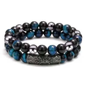 2Pcs Triple Protection Bracelet,Natural Tigers Eye Black Obsidian and Hematite 8 MM Beads Bracelet for Men Women Gift, Healing Crystal Bracelet Bring Luck and Prosperity and Happiness (Lake Blue) Lake Blue