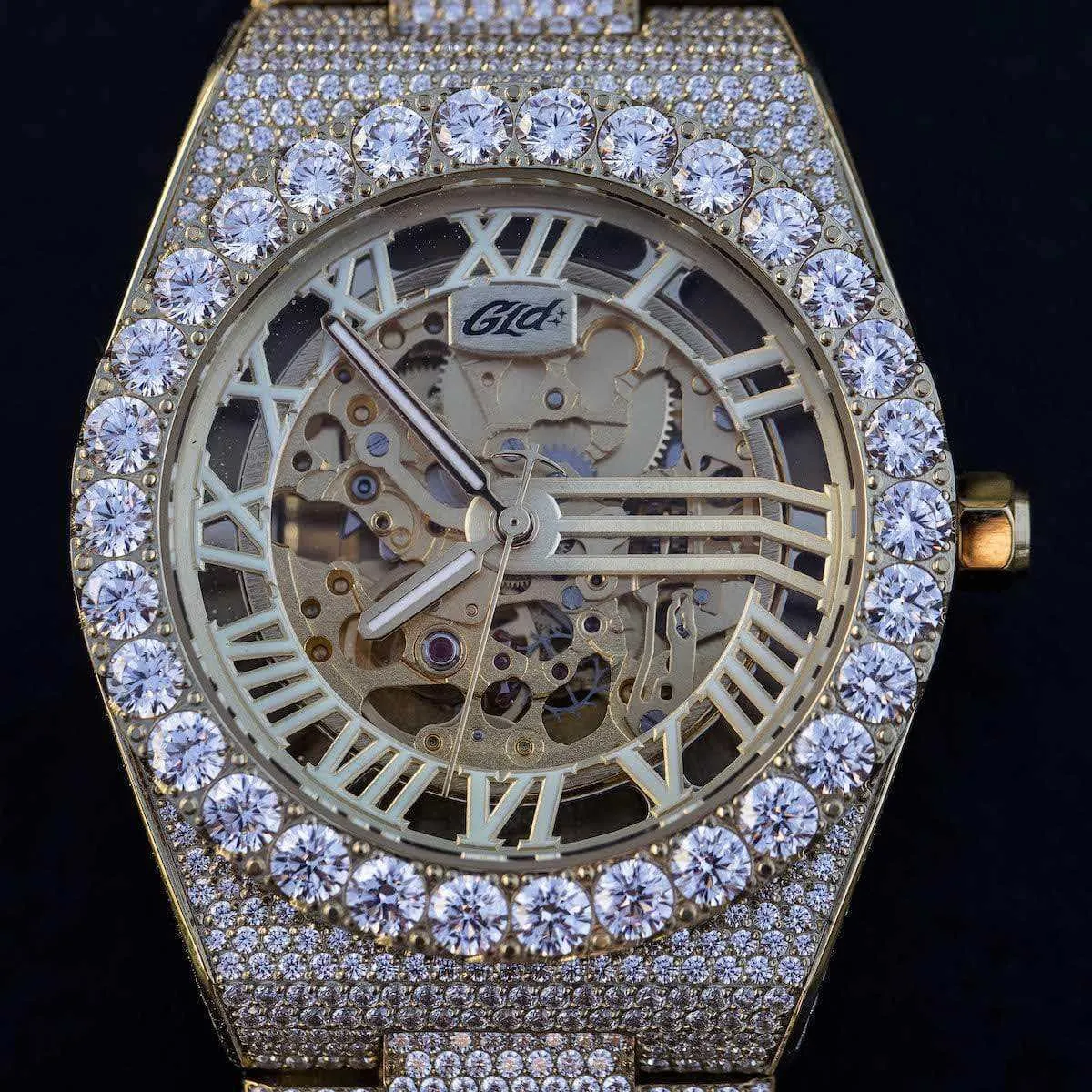 42MM Iced Alpha Era Luminous Skeleton Gold w/ Rubber Strap