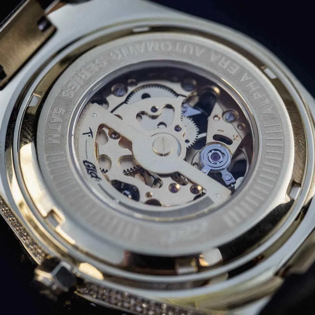 42MM Iced Alpha Era Luminous Skeleton Gold w/ Rubber Strap