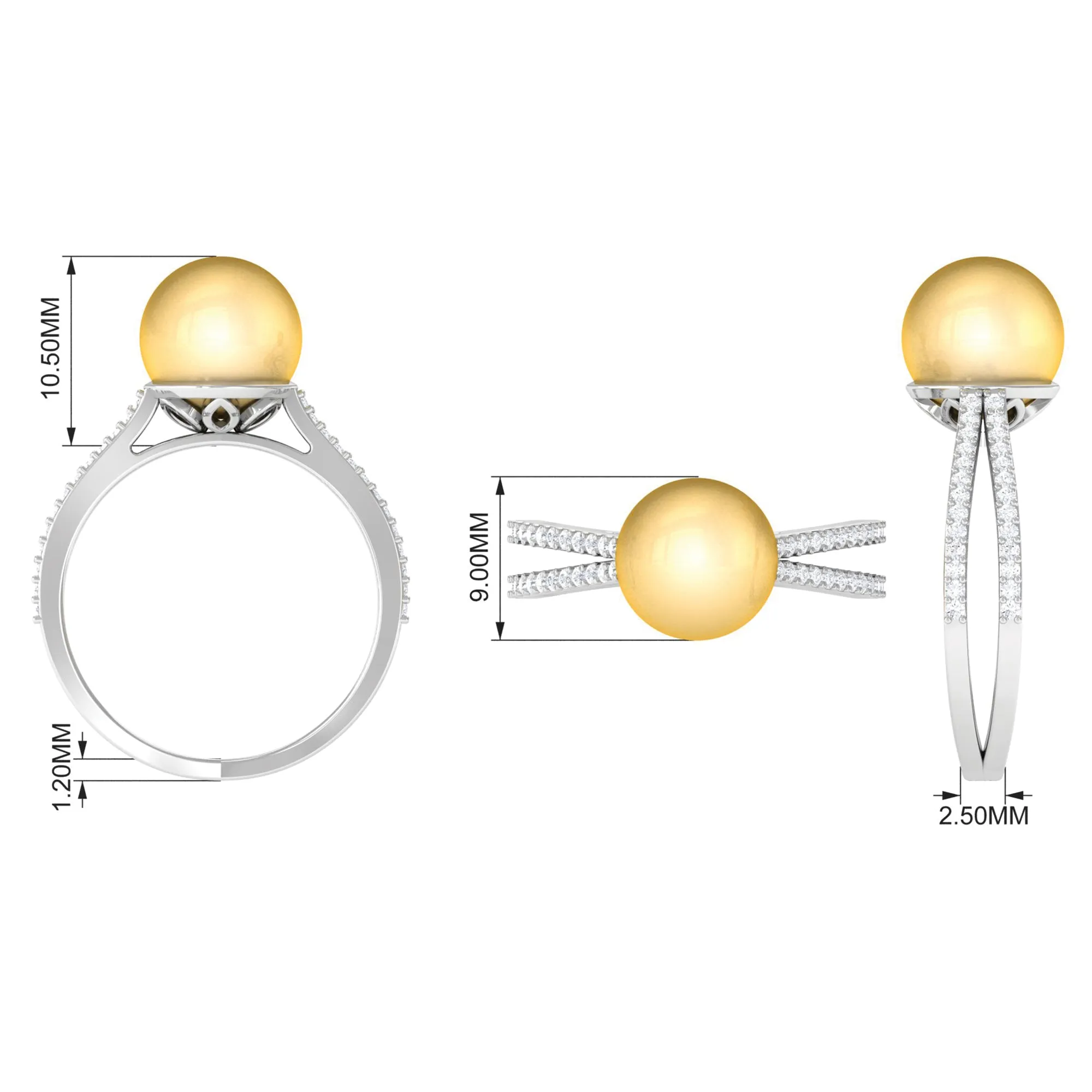 9 MM South Sea Pearl Solitaire Split Shank Ring with Diamond