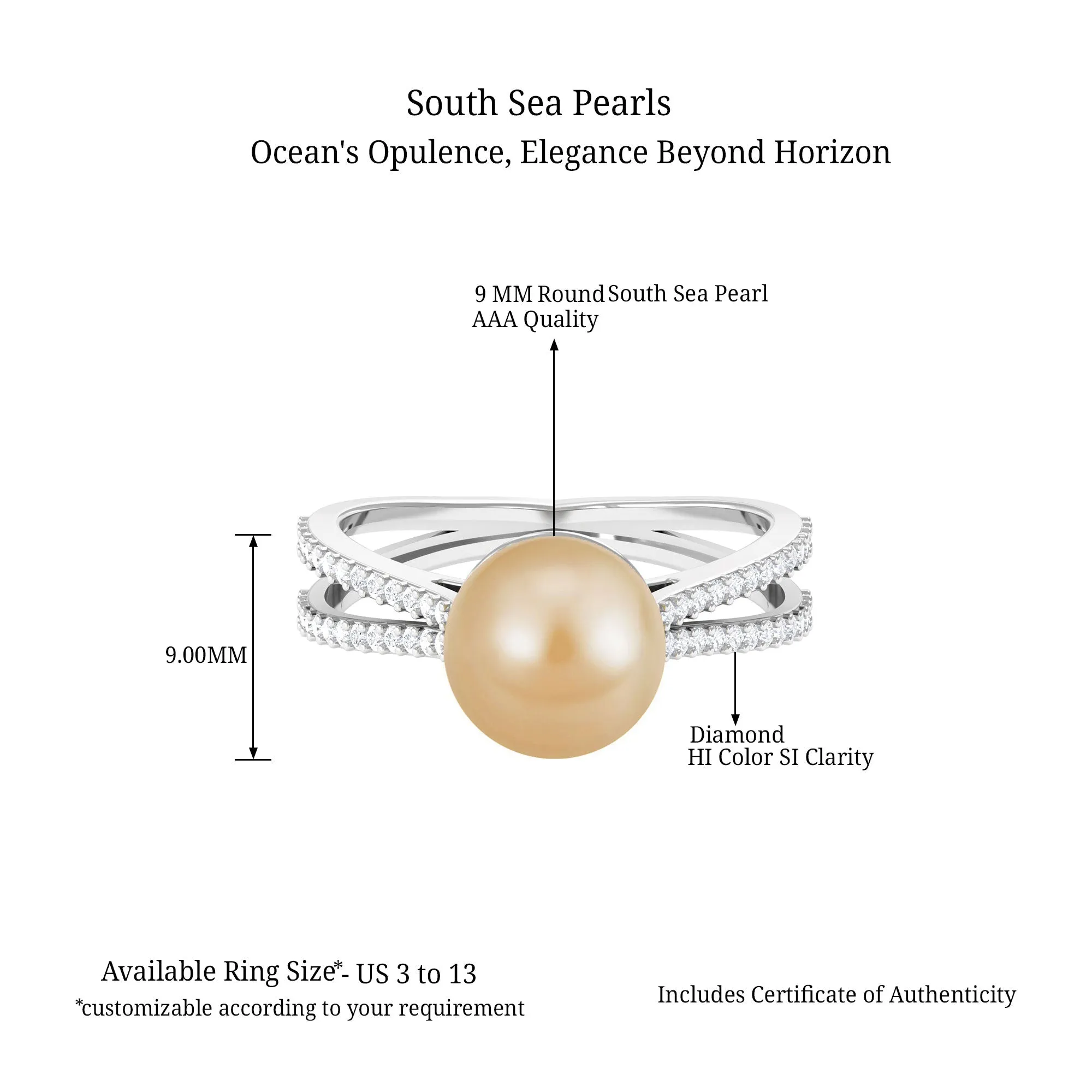 9 MM South Sea Pearl Solitaire Split Shank Ring with Diamond