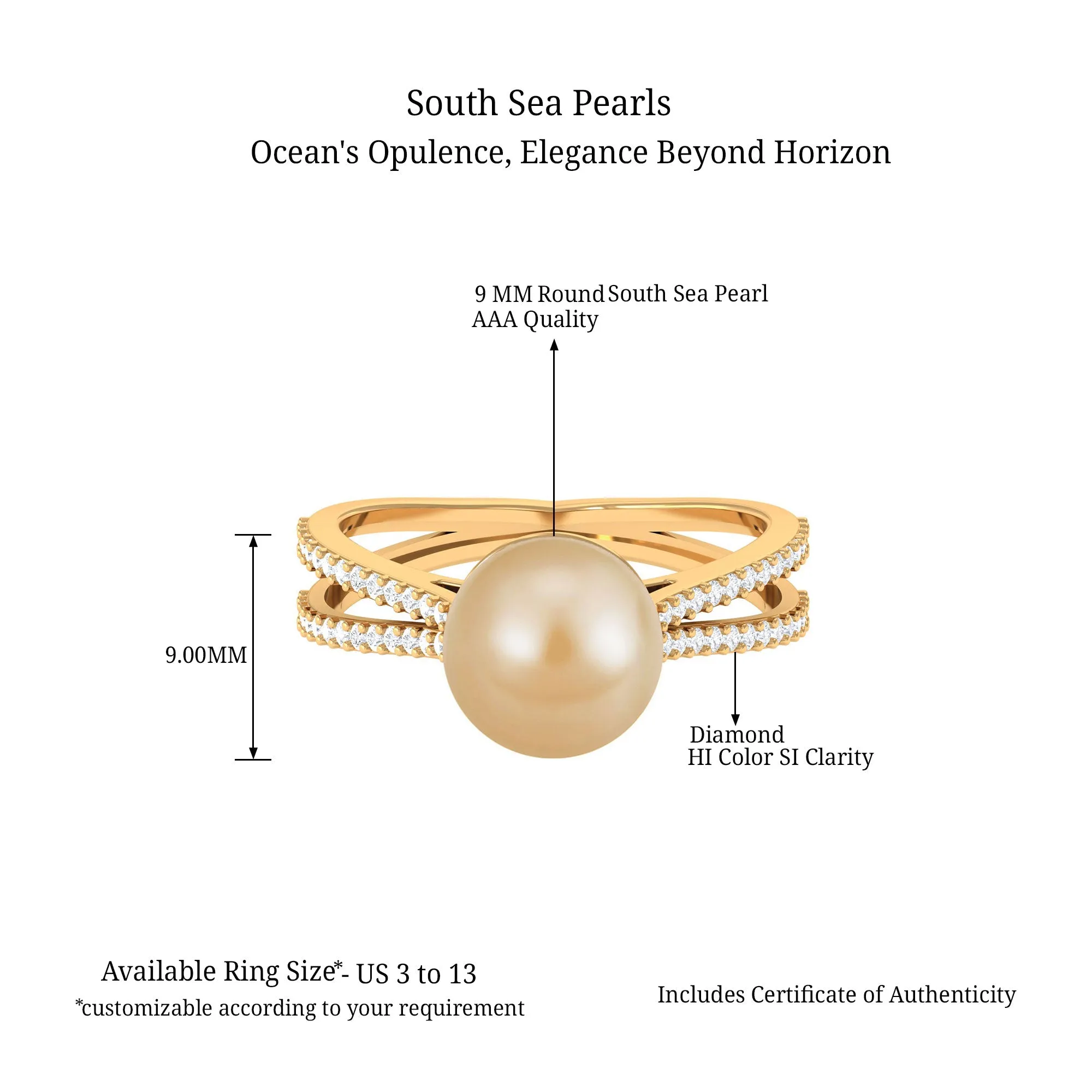 9 MM South Sea Pearl Solitaire Split Shank Ring with Diamond