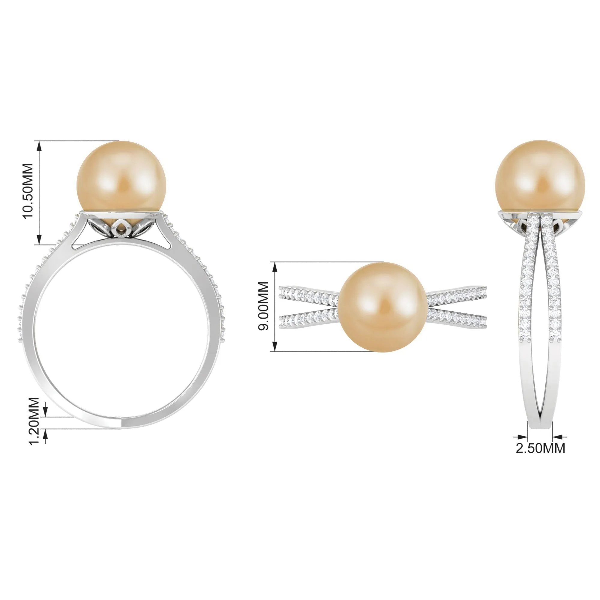 9 MM South Sea Pearl Solitaire Split Shank Ring with Diamond