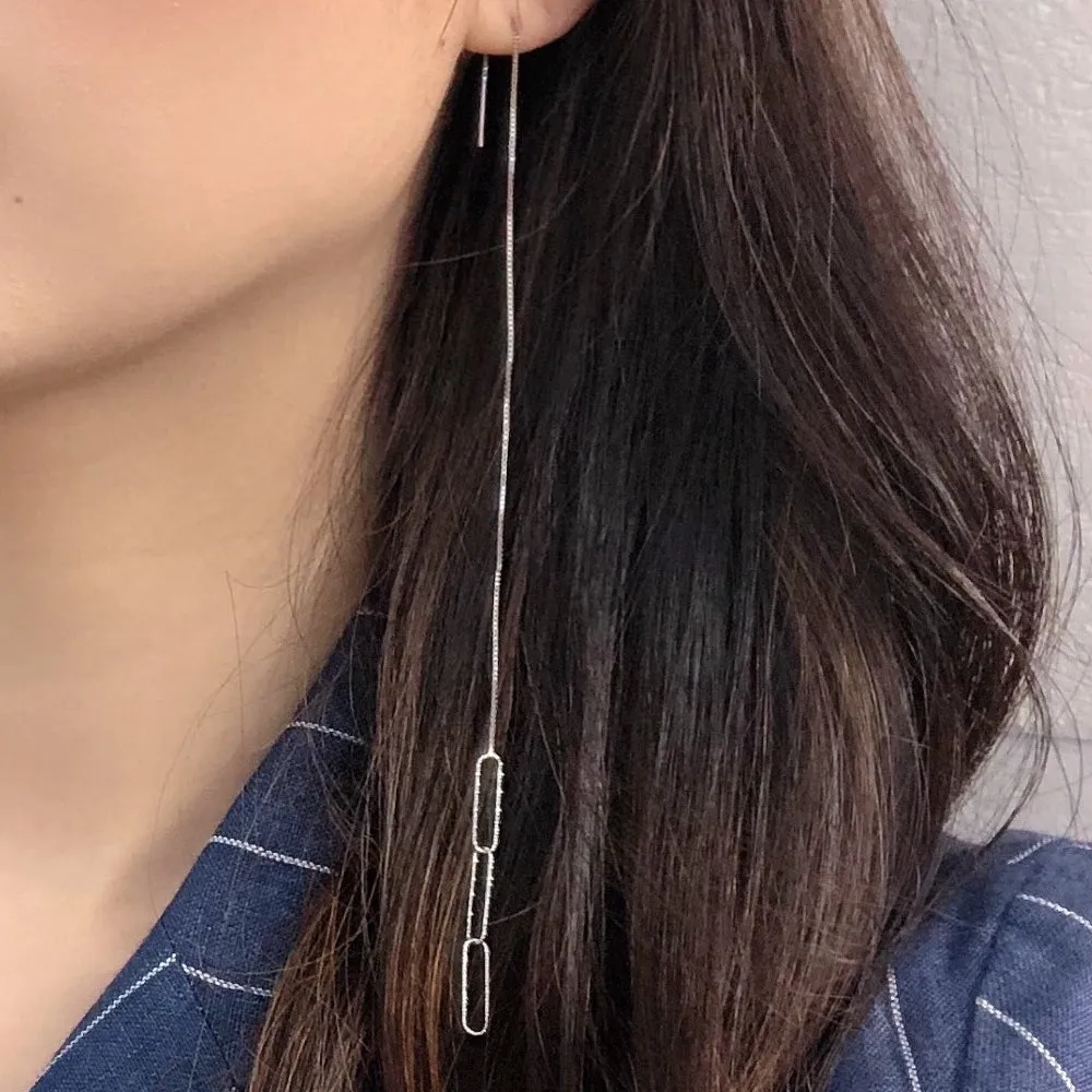 925 Sterling Silver Paper Clip Extra Long Threader Dangle Drop Earring