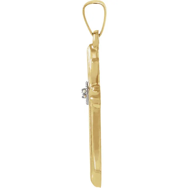 Accented Fitchee Round Diamond Solitaire Hollow Cross in 14 Karat Yellow Gold