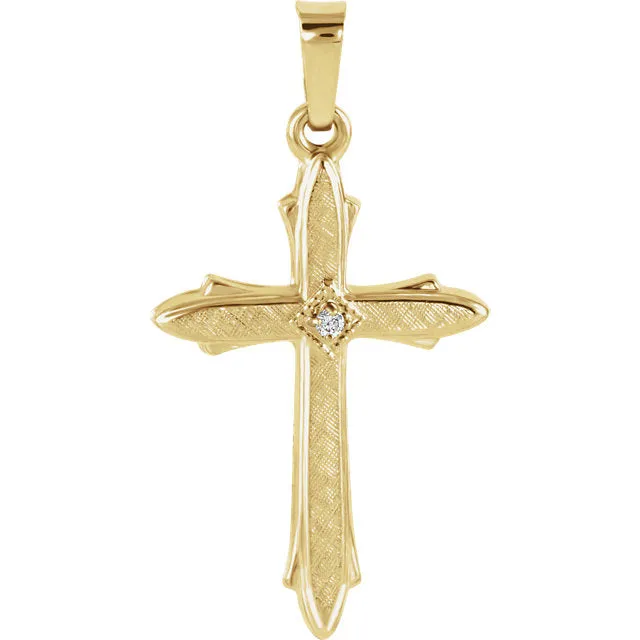 Accented Fitchee Round Diamond Solitaire Hollow Cross in 14 Karat Yellow Gold