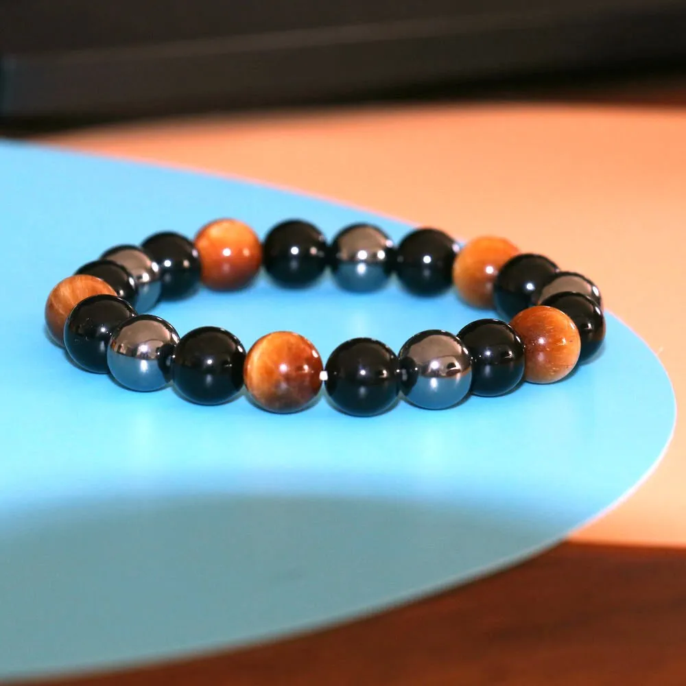 Black Obsidian Hematite Tiger Eye Stone Triple Protection Bracelet For Men Women