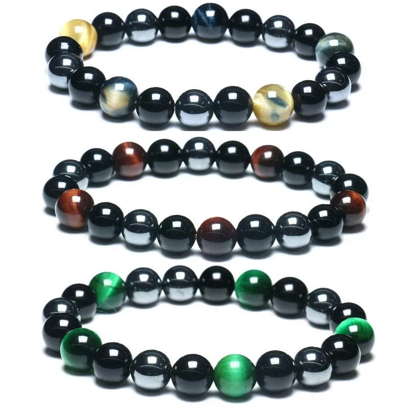 Black Obsidian Hematite Tiger Eye Stone Triple Protection Bracelet For Men Women