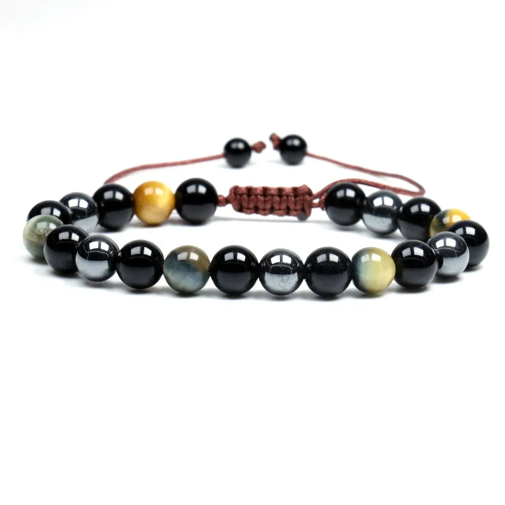 Black Obsidian Hematite Tiger Eye Stone Triple Protection Bracelet For Men Women