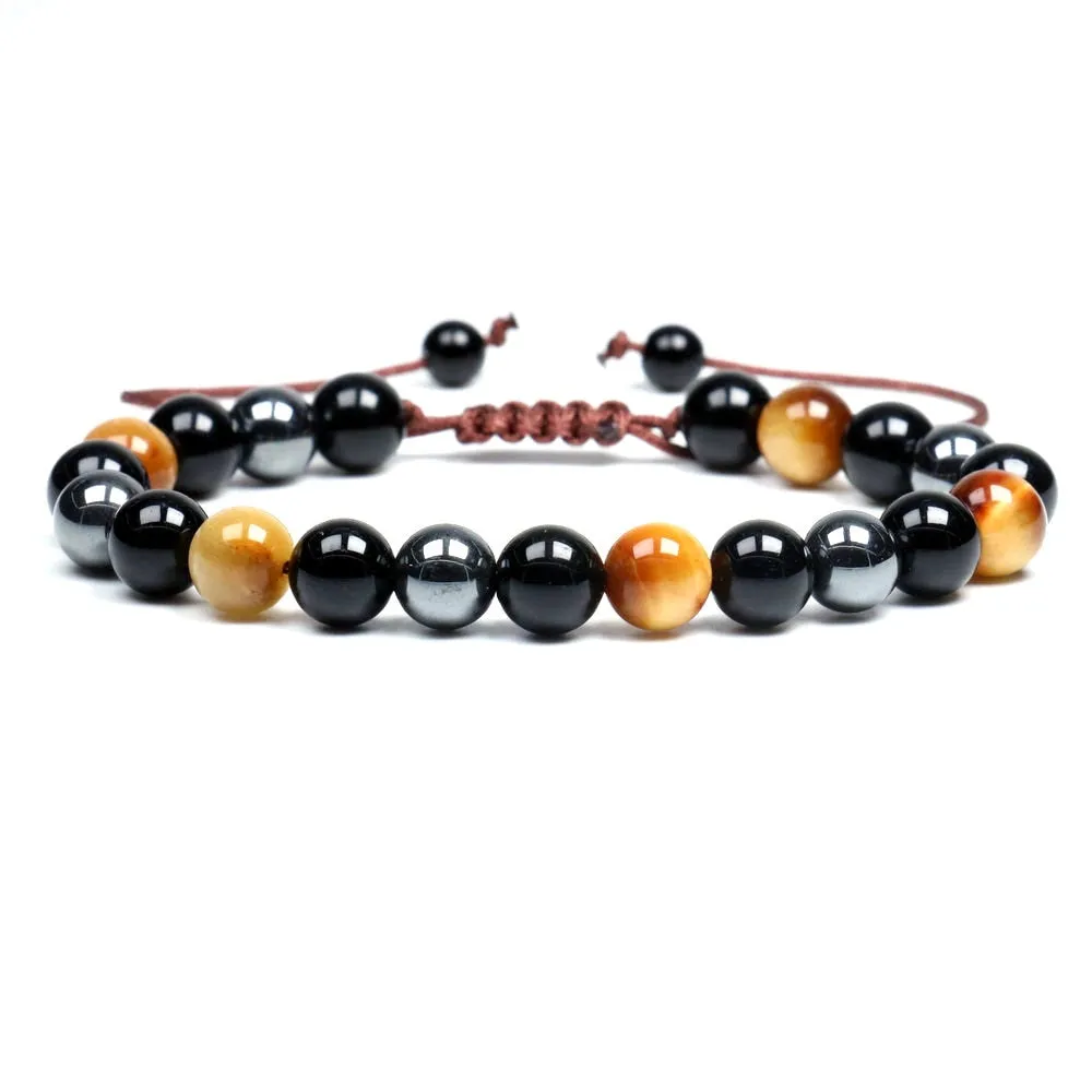 Black Obsidian Hematite Tiger Eye Stone Triple Protection Bracelet For Men Women