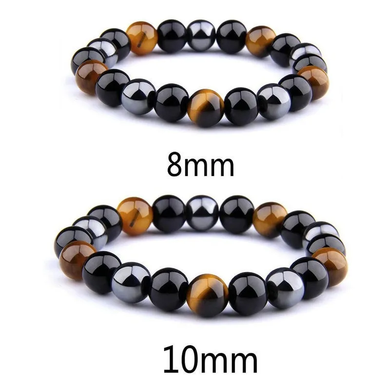 Black Obsidian Hematite Tiger Eye Stone Triple Protection Bracelet For Men Women