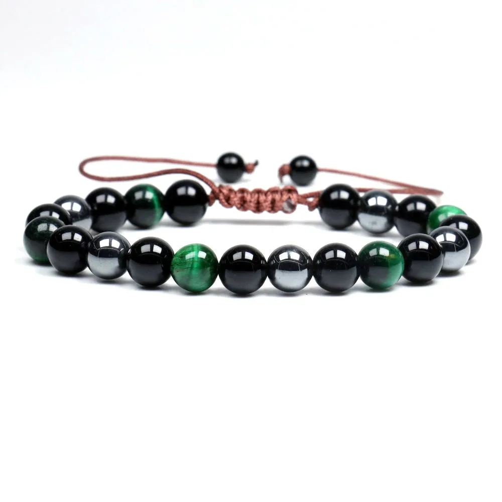 Black Obsidian Hematite Tiger Eye Stone Triple Protection Bracelet For Men Women