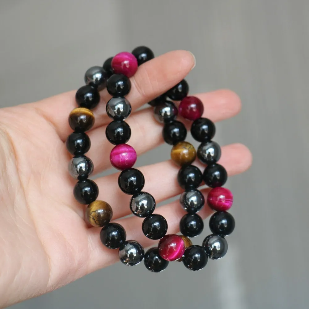 Black Obsidian Hematite Tiger Eye Stone Triple Protection Bracelet For Men Women