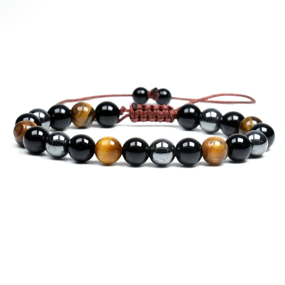 Black Obsidian Hematite Tiger Eye Stone Triple Protection Bracelet For Men Women
