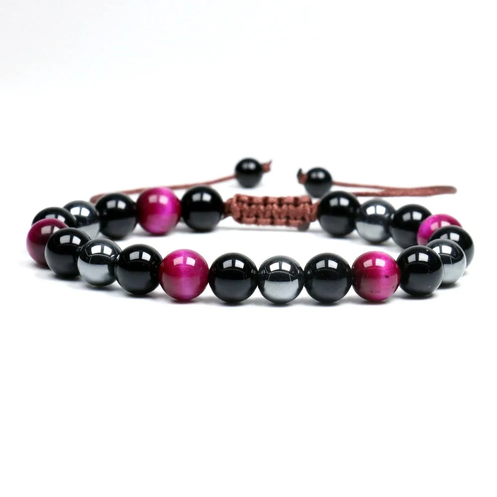 Black Obsidian Hematite Tiger Eye Stone Triple Protection Bracelet For Men Women