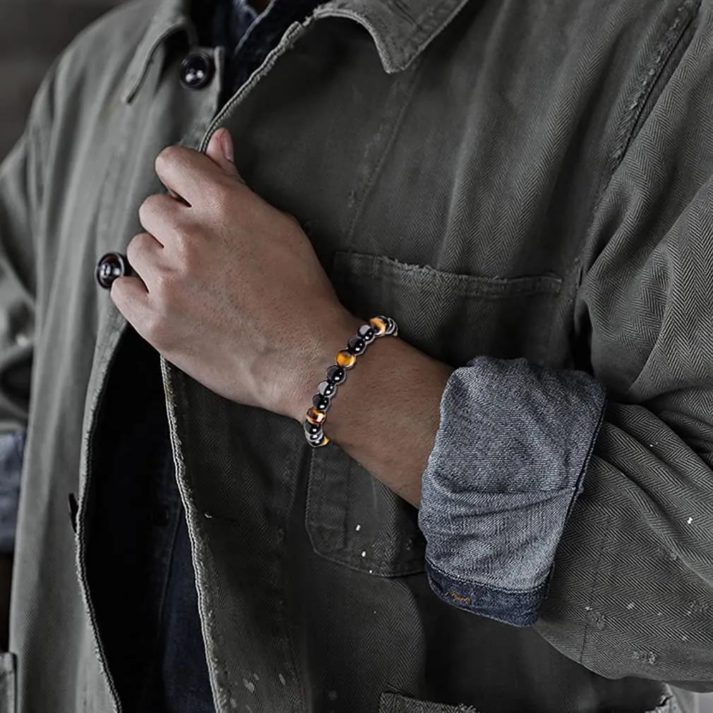 Black Obsidian Hematite Tiger Eye Stone Triple Protection Bracelet For Men Women