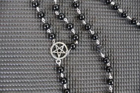 Black/Silver Rosary Necklace w/ Pentagram and Hanging Upside Down Cross Detail