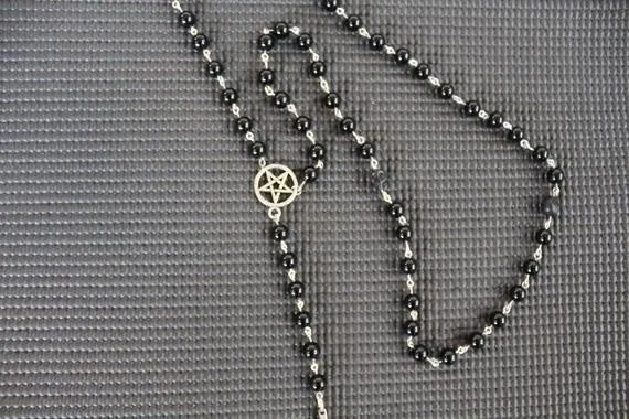 Black/Silver Rosary Necklace w/ Pentagram and Hanging Upside Down Cross Detail
