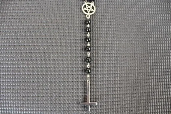 Black/Silver Rosary Necklace w/ Pentagram and Hanging Upside Down Cross Detail