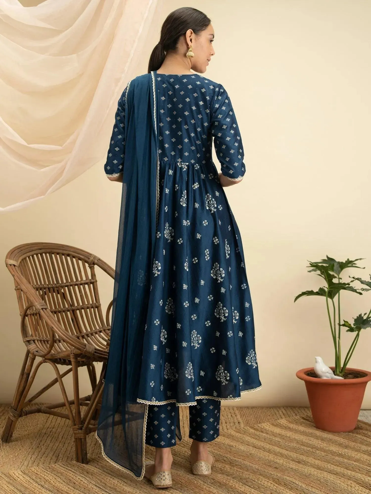 Blue Printed Silk Anarkali Kurta With Dupatta