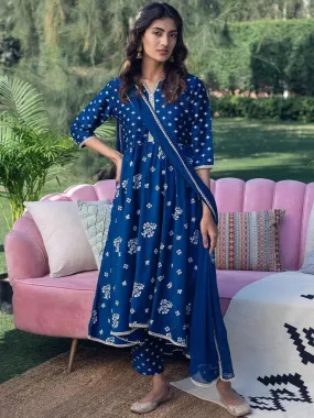 Blue Printed Silk Anarkali Kurta With Dupatta