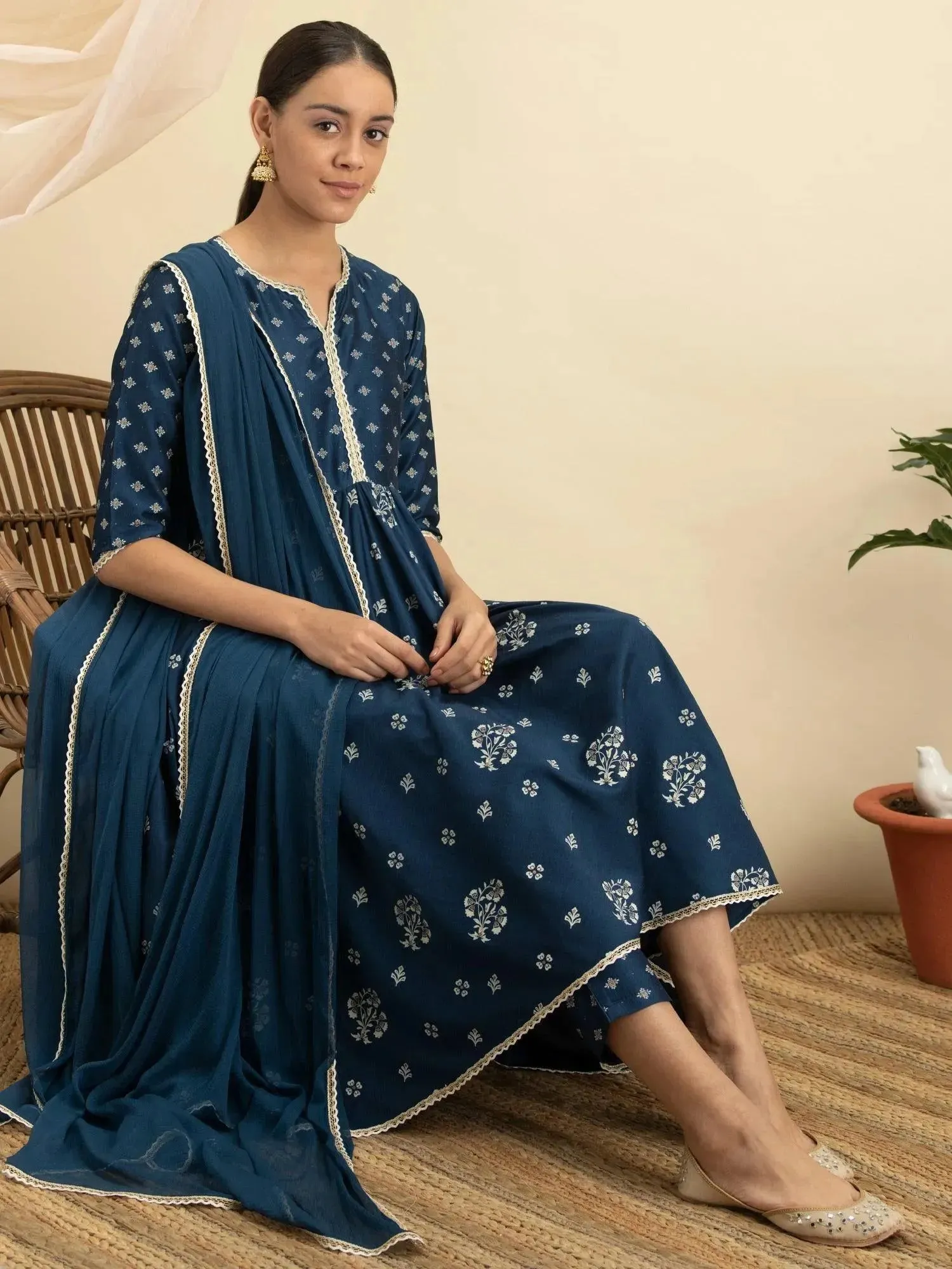 Blue Printed Silk Anarkali Kurta With Dupatta