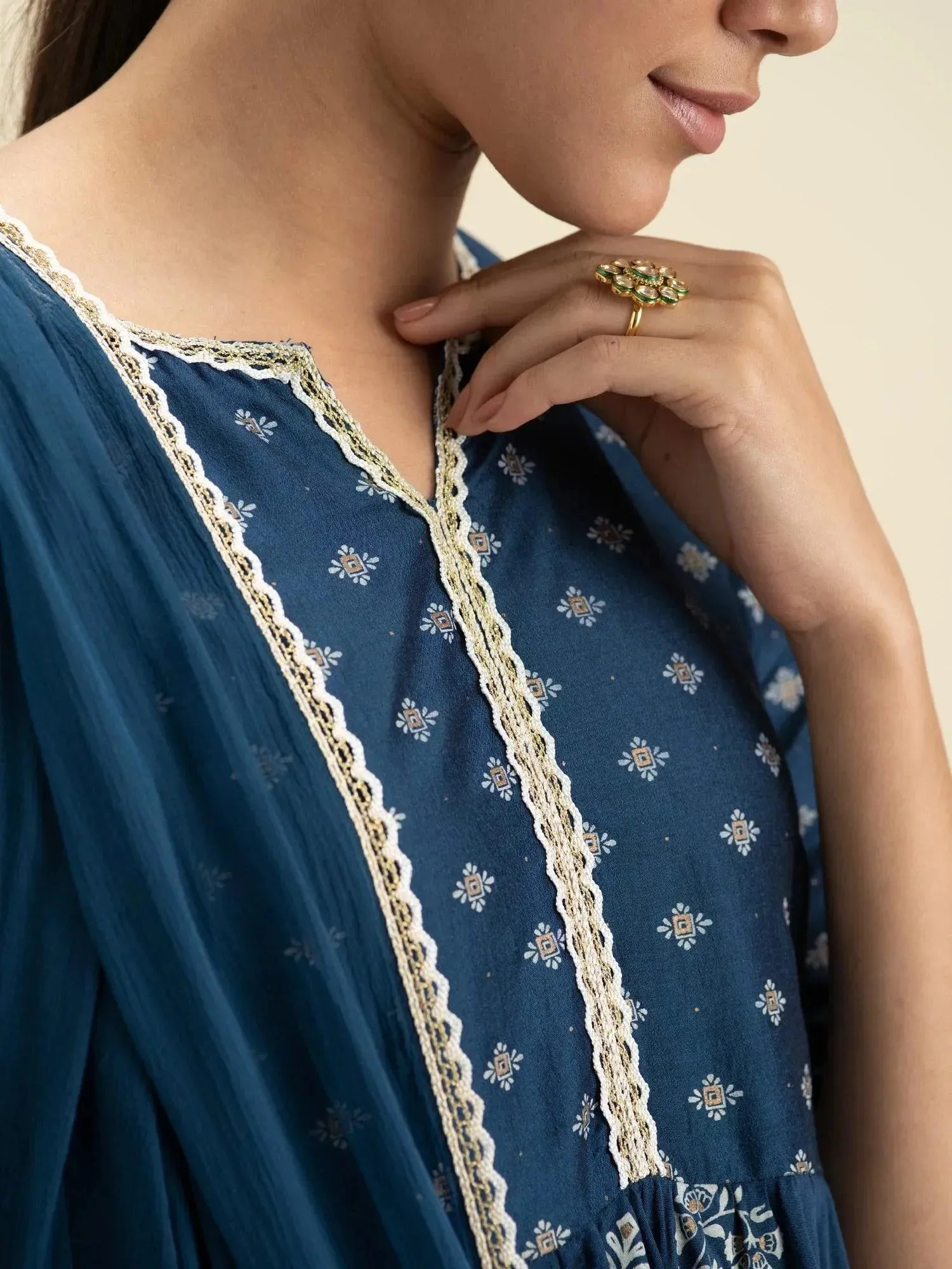 Blue Printed Silk Anarkali Kurta With Dupatta