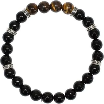 Bracelet - 8mm - For Men - Black Obsidian   Aztec Spacer