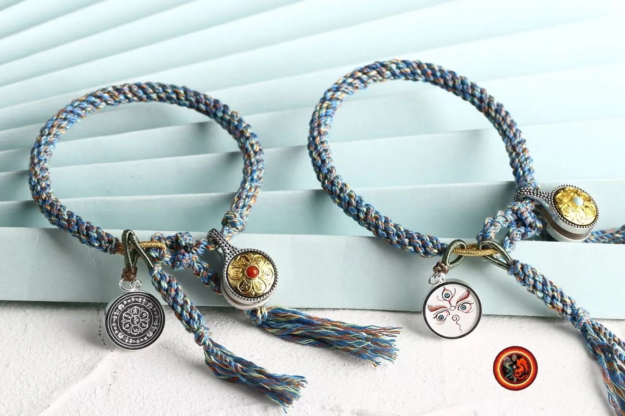 Bracelet bouddha, protection bouddhiste tibétain. Paix et bonne chance Bracelet tressé artisanalement Tangka yeux de bouddha peint épingle a mala