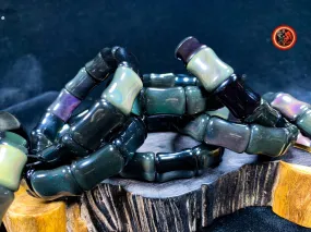 bracelet en obsidienne oeil celeste d'excellente qualité. taille bambou 15 sur 13 sur 9mm. Originaire du Mexique, naturelle et expertisée.